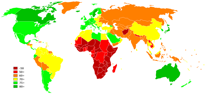 Expectativa de vida por país hacia el año 2020.