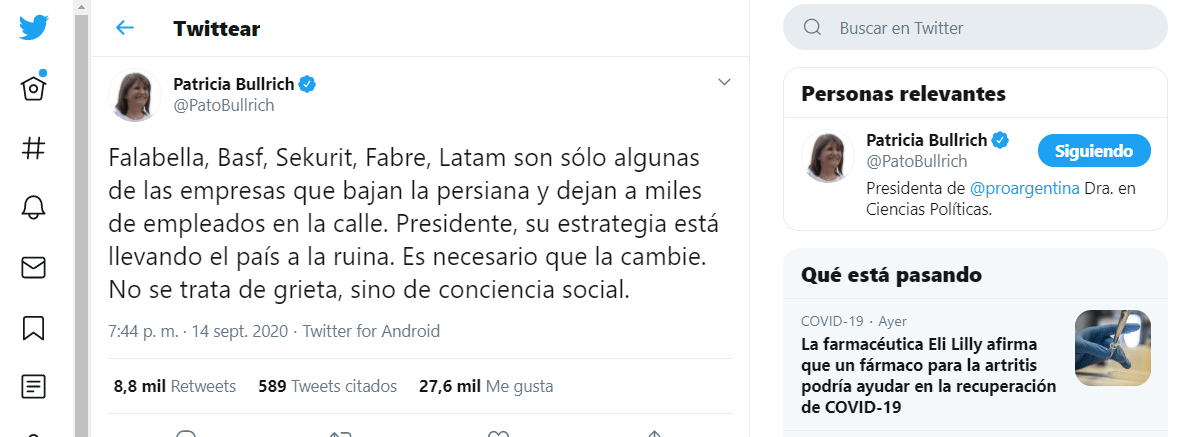 Patricia Bullrich en Twitter