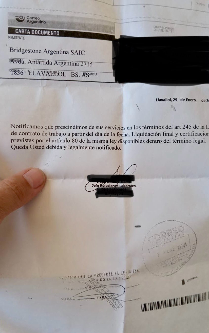 Ejemplo de carta documento de despido (por despido sin justa causa) Argentina
